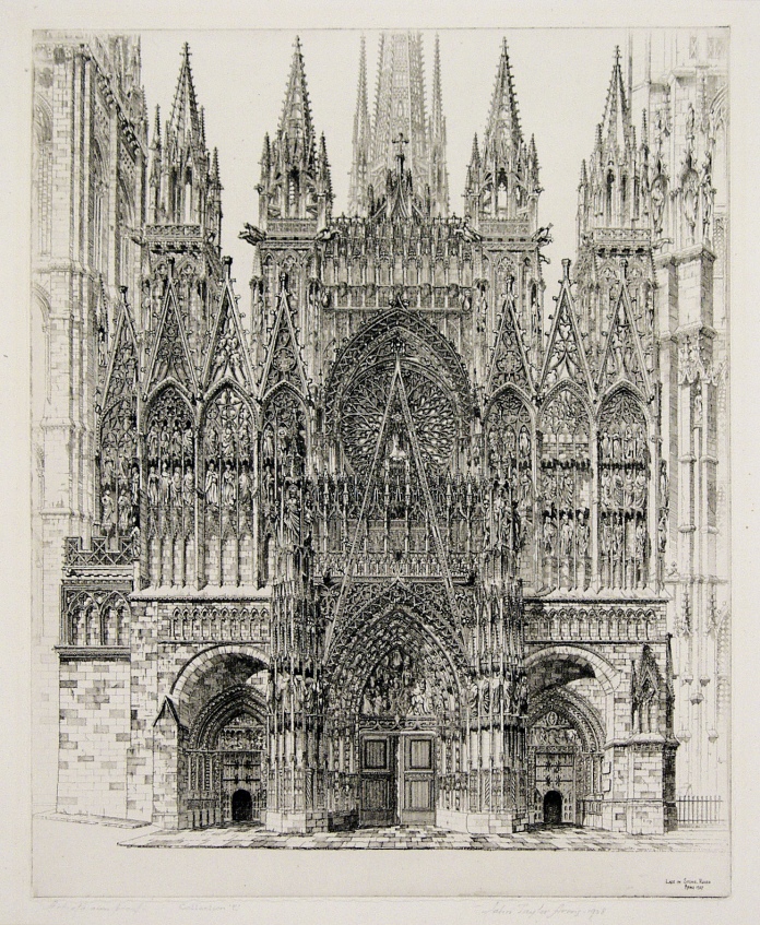 Lace in Stone, Rouen Cathedral. John Taylor Arms. Etching, 1927. Image size 14 1/8 x 11 1/4 inches. Fletcher 200. 18 in the French Church Series. Edition 100. Signed and dated in pencil. LINK.  (Double-click on image to enlarge.)