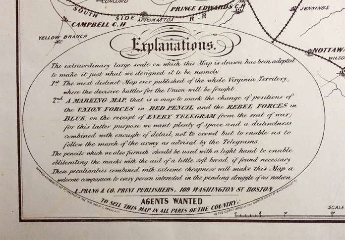 Detail of War Telegram Marking Map. Showing "Explanation" written by publisher L. Prang. 