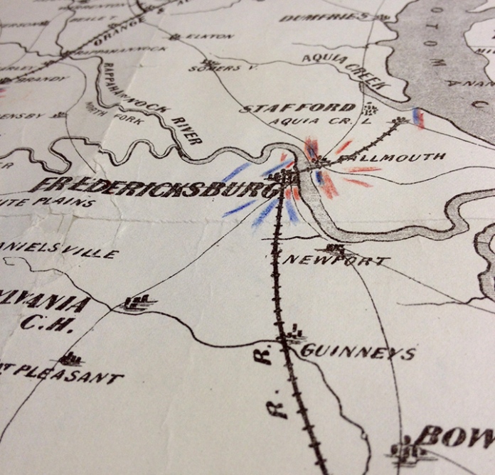 Detail of War Telegram Marking Map. Showing troop movements near Fredericksburg.