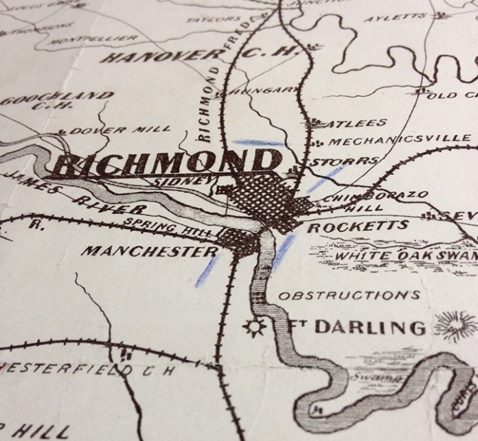 Detail of War Telegram Marking Map. Showing troop movements near Richmond, Va. 