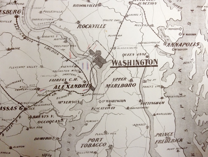 Detail of War Telegram Marking Map. Showing troop movements of Union and Confederate forces near Washington, DC and Alexandria, VA.
